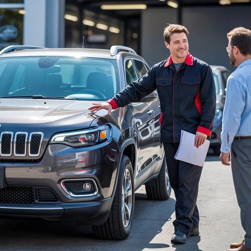 customer-looking-at-rental-car-with-Aliotos-technician