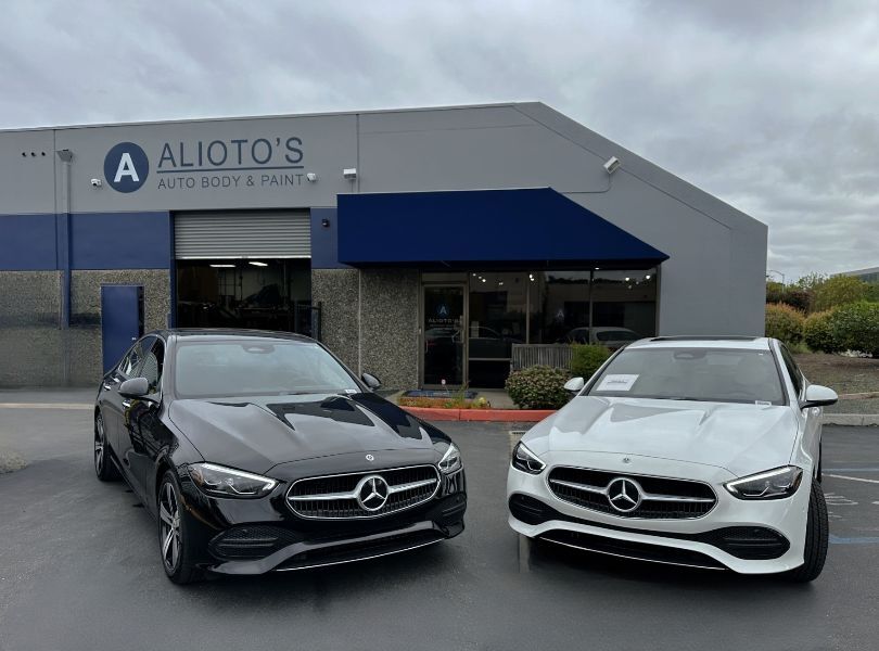 Alioto’s Auto Body San Rafael with a black and white after Mercedes certified collision repair Aliotos-Auto-Body-San-Rafael-with-a-black-and-white-after-Mercedes-certified-collision-repair