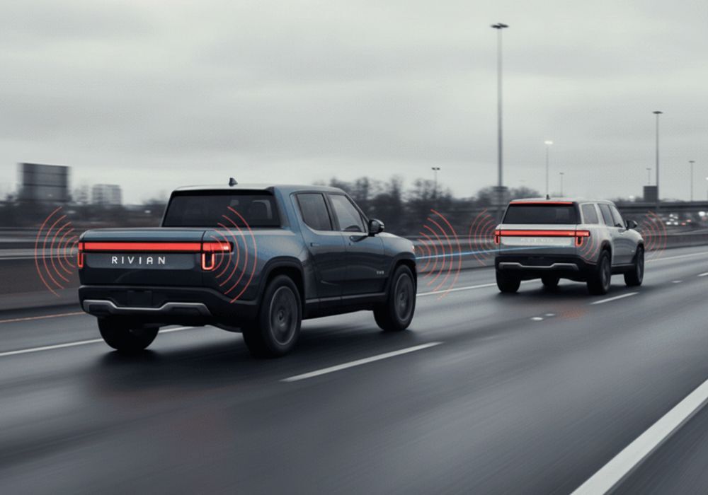 Two-Rivian-vehicles-on-the-highway-showing-ADAS-works-on-highway-Aliotos-Auto-Body-San-Francisco