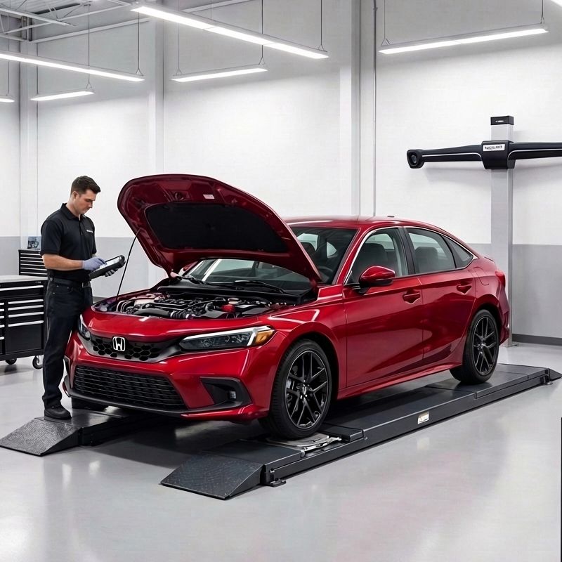auto-body-technican-working-on-a-red-Honda-at-Aliotos-Auto-Body-San-Francisco.