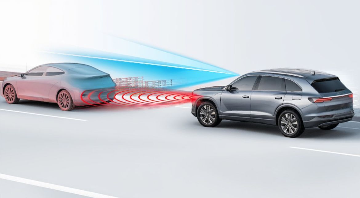 Red-Acura-suv-showing-ADAS-underneath-for-certified-collision-repair-at-Aliotos-Auto-Body