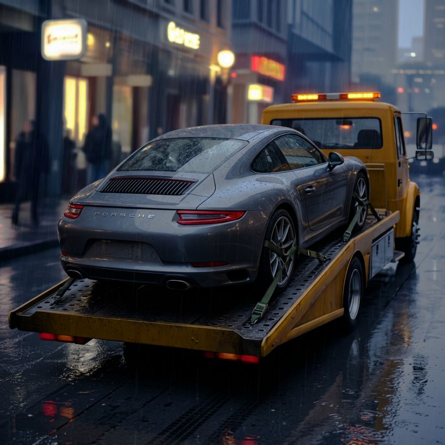Porsche-vehicle-on-a-Tow-truck-in-rain-being-towed-to-Aliotos-Auto-Body-San-Francisco