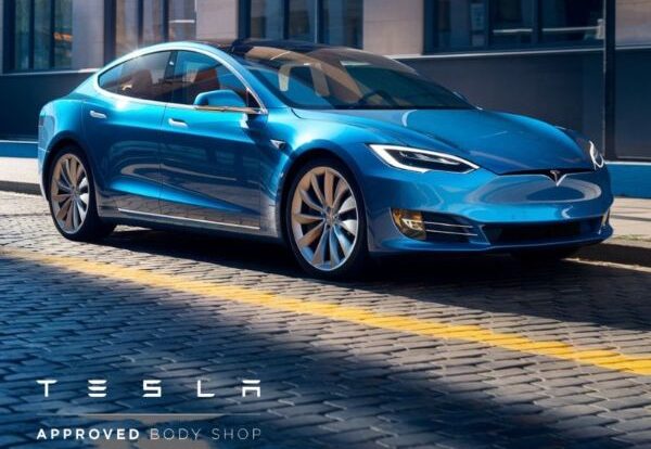Blue Tesla on street Alioto's Tesla Approved Body Shop (1)