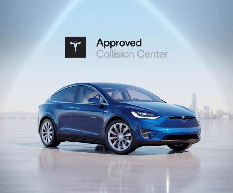 Blue-Tesla-with-city-background-Aliotos-Tesla-Approved-Collision-Center