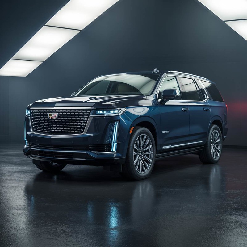 Cadillac-suv-blue-sitting-in-lighting-after-repair-Aliotos-Garage