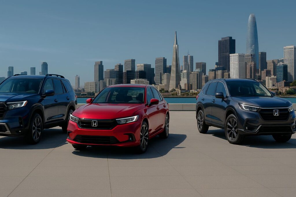 Honda-vehicles-lined-up-with-San-Francisco-background-Aliotos-Honda-Certified-Collision-Repair