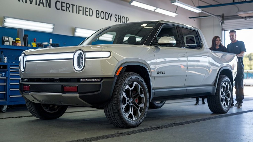 Rivian-in-a-body-shop-Aliotos-Rivian-Certified-Collision-Repair