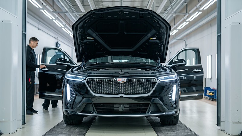 black-cadillac-in-body-shop-Aliotos-Garage