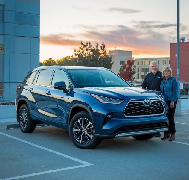 Customers-standing-next-to-a-Toyota-highlander-after-toyota-certified-collision-repair-Aliotos-Garage