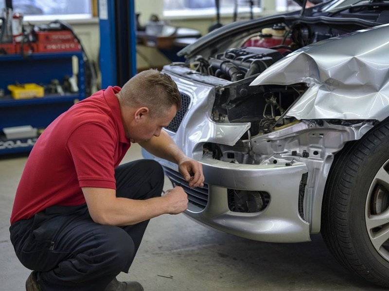 auto body tech looking at damage on car at Aliotos Auto Body
