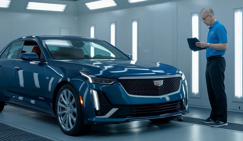 auto tech looking at tablet with cadillac