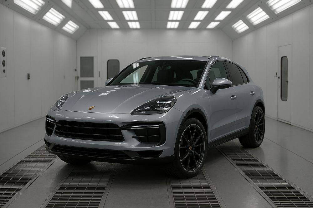 Porsche-Macon-silver-in-paint-booth-Aliotos-Garage-Porsche-Certified-Collision-Repair customers-next-to-blue-bmw-after-bmw-certified-collision-repair-at-Aliotos-Auto-Body-San-Francisco