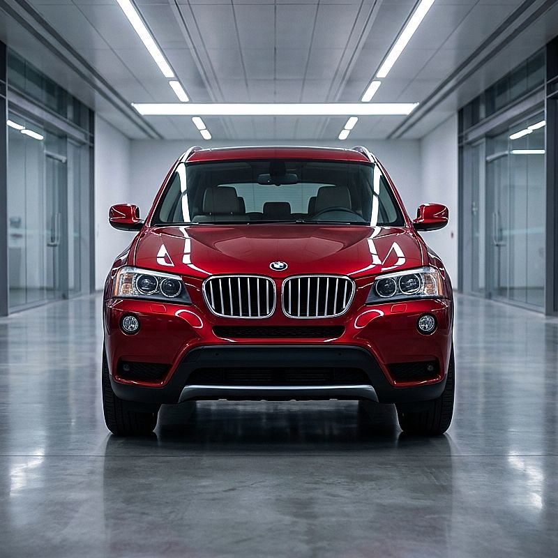 Red BMW SUV sitting in body shop after repair Alioto’s Folsom Street San Francisco Location two-ram-trucks-in-the-desert-FCA-Certified-Collision-Repair-Allard-Collision
