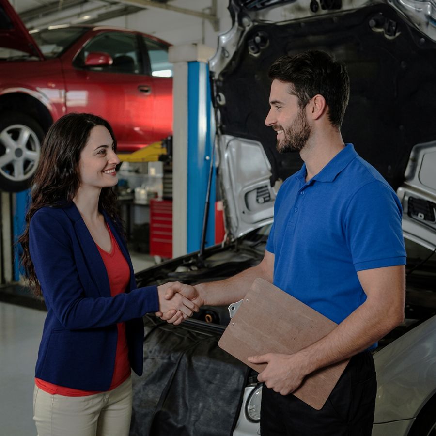Auto-Body-Customer-talking-with-auto-body-tech-about-insurance-claim-at-Aliotos-Auto-Body