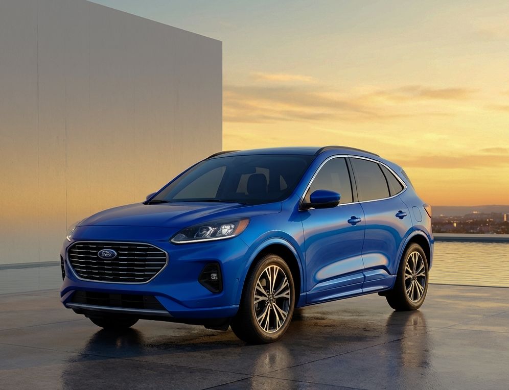 Blue-Ford-Escape-sitting-above-the-city-at-sunset-after-repair-at-Aliotos-Auto-Body-San-Francisco