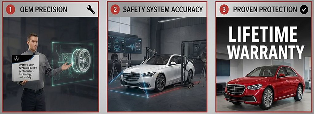 Mercedes Certified Collision Repair Insights man showing ADAS wheel with white mercedes and Red merceds Lifetime Waranty Aliotos Auto Body Mercedes-Certified-Collision-Repair-Insights-man-showing-ADAS-wheel-with-white-mercedes-and-Red-merceds-Lifetime-Waranty-Aliotos-Auto-Body