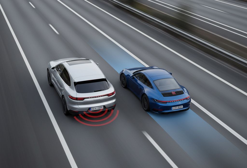 Two Porsche cars on highway showing how ADAS works Alioto’s Auto Body San Francisco Red-Acura-suv-showing-ADAS-underneath-for-certified-collision-repair-at-Aliotos-Auto-Body