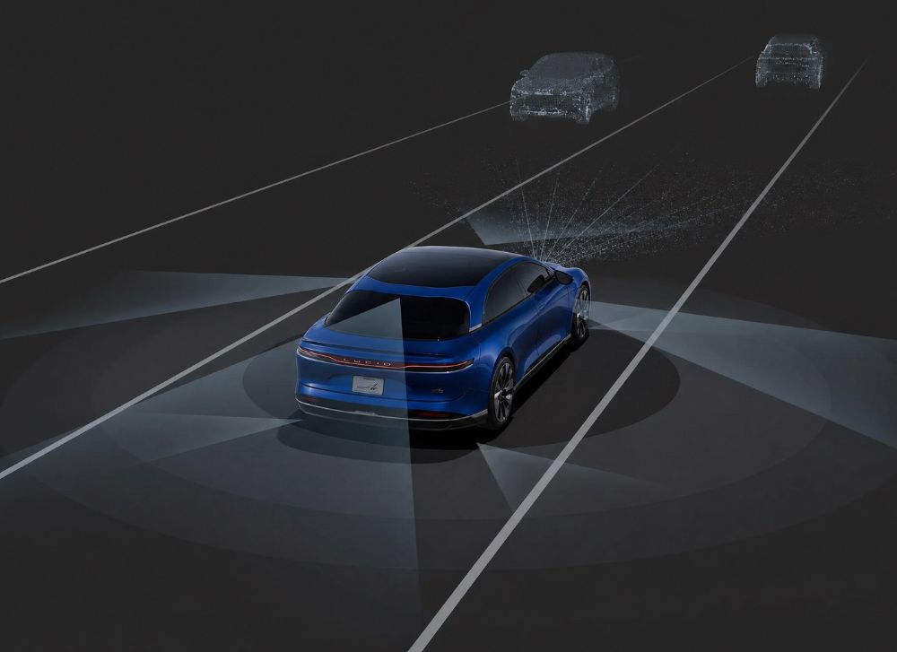 Blue-Lucid-car-showing-ADAS-on-highway-Caseys-Auto-Body-Lucid-Certified-Repair