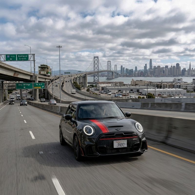 Man-driving-Mini-vehicle-on-San-Franciso-highway-after-Mini-Certified-Collision-Repairs-at-Alioto's-Auto-Body-Folsom-Street-San-Francisco