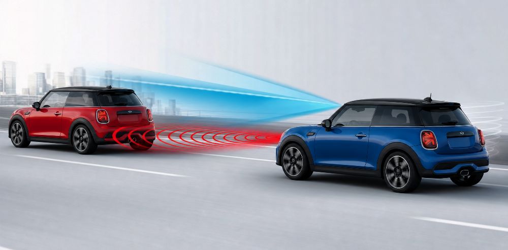 Red-and-Blue-MINI-Cooper-showing-the-ADAS-working-in-a-sketch-driving-on-highway-for-Aliotos